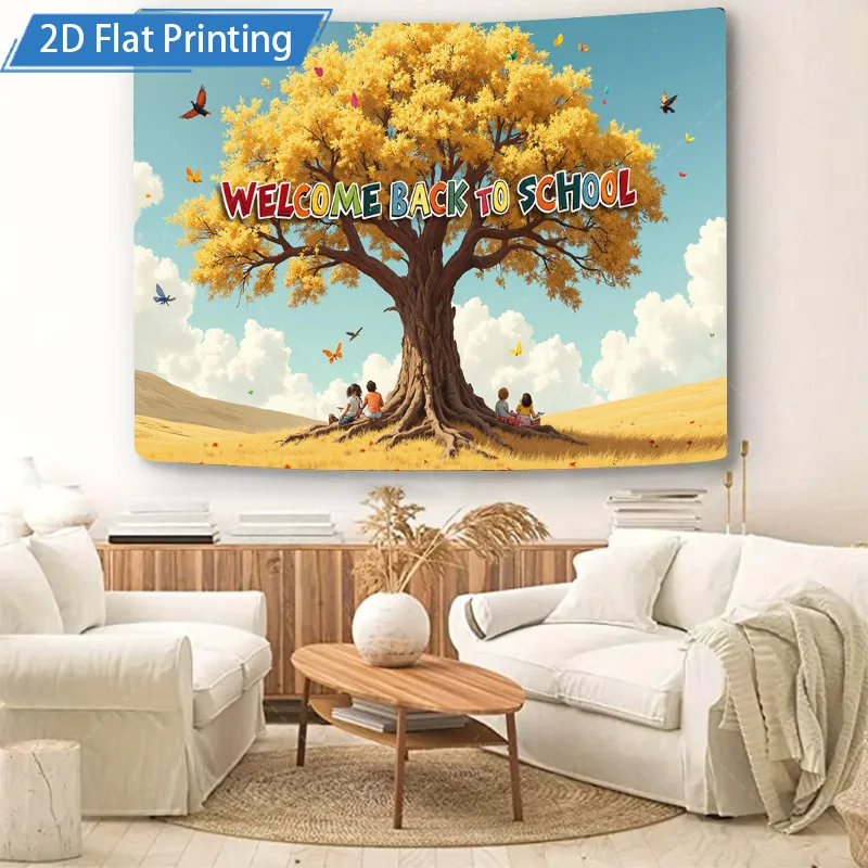 [2D شقة] 1 قطعة 4x16 بوصة علامة معدنية مرحبا بكم في العودة إلى المدرسة شجرة المشهد المعادن جدار ديكور فني 2D طباعة مسطحة