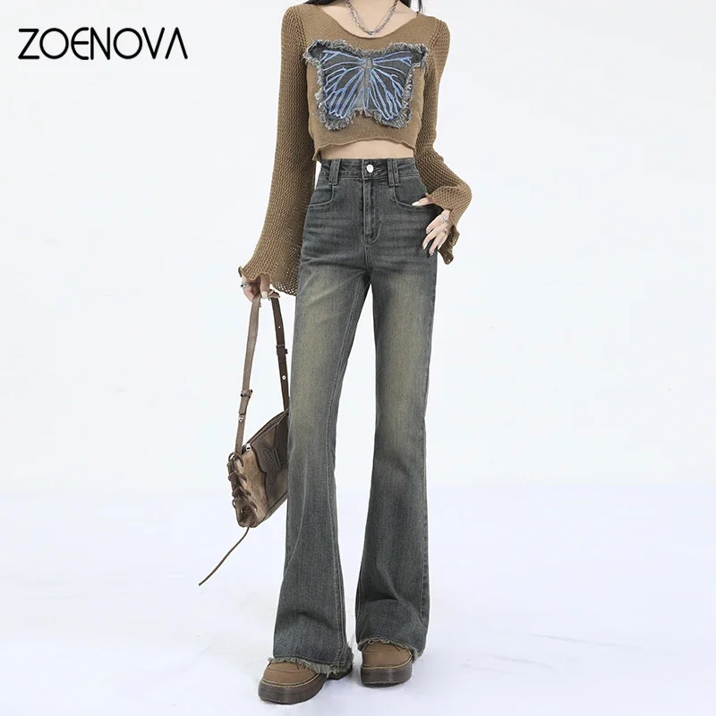 

ZOENOVA 2023 Autumn Vintage High Waist Women Jeans American Fashion Streetwear Flared Jean Elasticity Slim Versatile Denim Pants