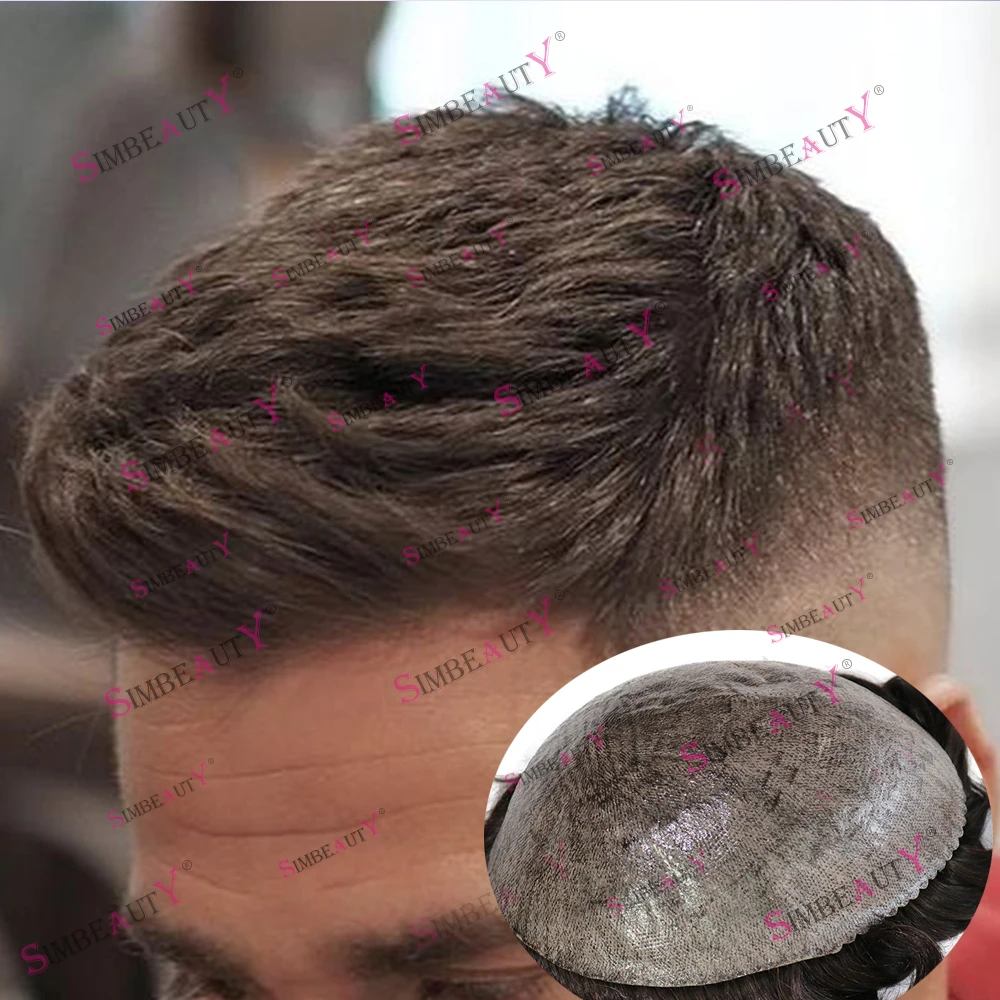 남성용 내추럴 헤어라인 그레이 헤어피스, 초내구성 얇은 마이크로스킨 애쉬 다크 브라운, 모세 모세 보형물, 1B80, 1B65, 1B40