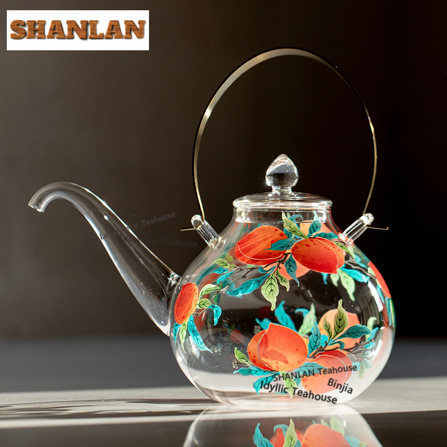 

1000ml Longevity Peach Lifting Handle Glass Boiling Water Kettle Large Capacity Tea Maker Pot Bubble Tea Kettle Tableware Craft