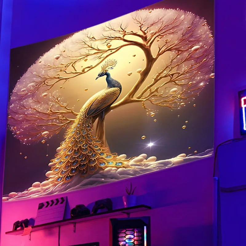 Golden Peacock Money Tree Tapestry Polyester Wall Hanging For Bedroom, Dorm Decor Includes Free Accessories Perfect Gift Idea