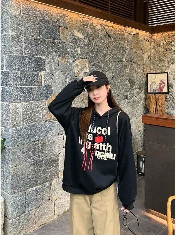 

plus Size Fleece Lined Thickened Long Sleeve Hoodie Casual Loose Slimming Autumn Winter New Style Printed Overhead Top for Women