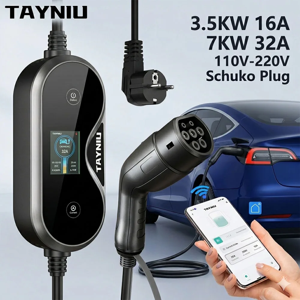 

Портативное зарядное устройство TAYNIU WIFI APP EV Charger 7KW 32A 3.5KW 16A TYPE 2 с кабелем 5 м и сумкой для электромобилей BYD MG