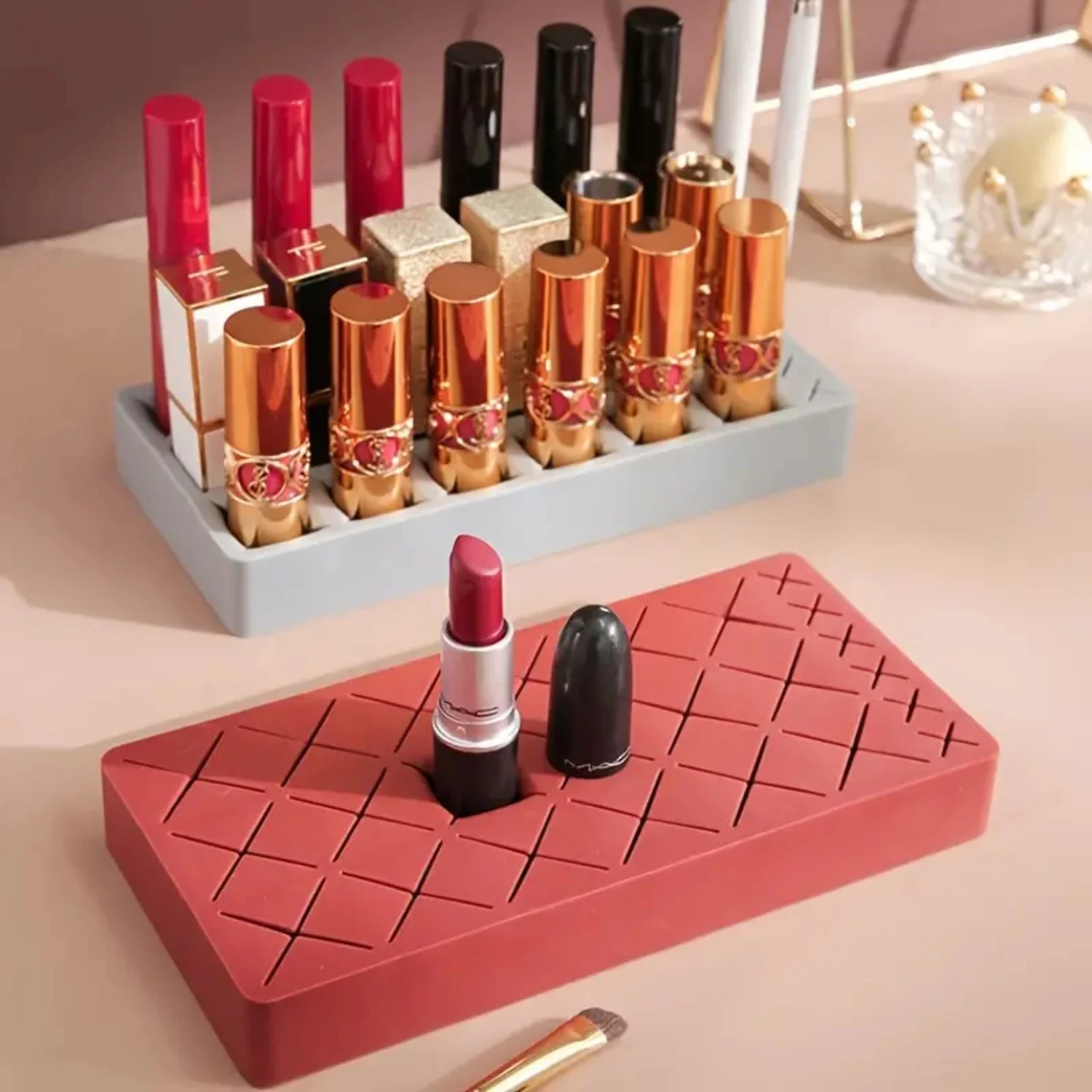 Silikon-Lippenstifthalter-Organizer – 18 + 6 Fächer, graues Etui für Make-up-Pinsel, Lippenstift und Schreibwaren