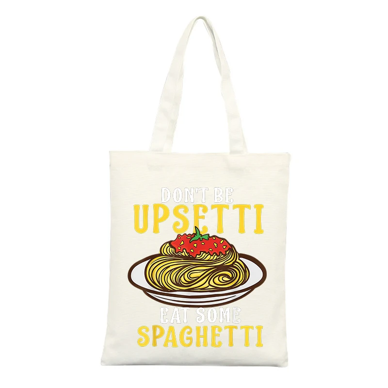 Canvas Tote Bag with Pasta Graphic and Slogan Print, Casual Style for Daily Shopping and Outings