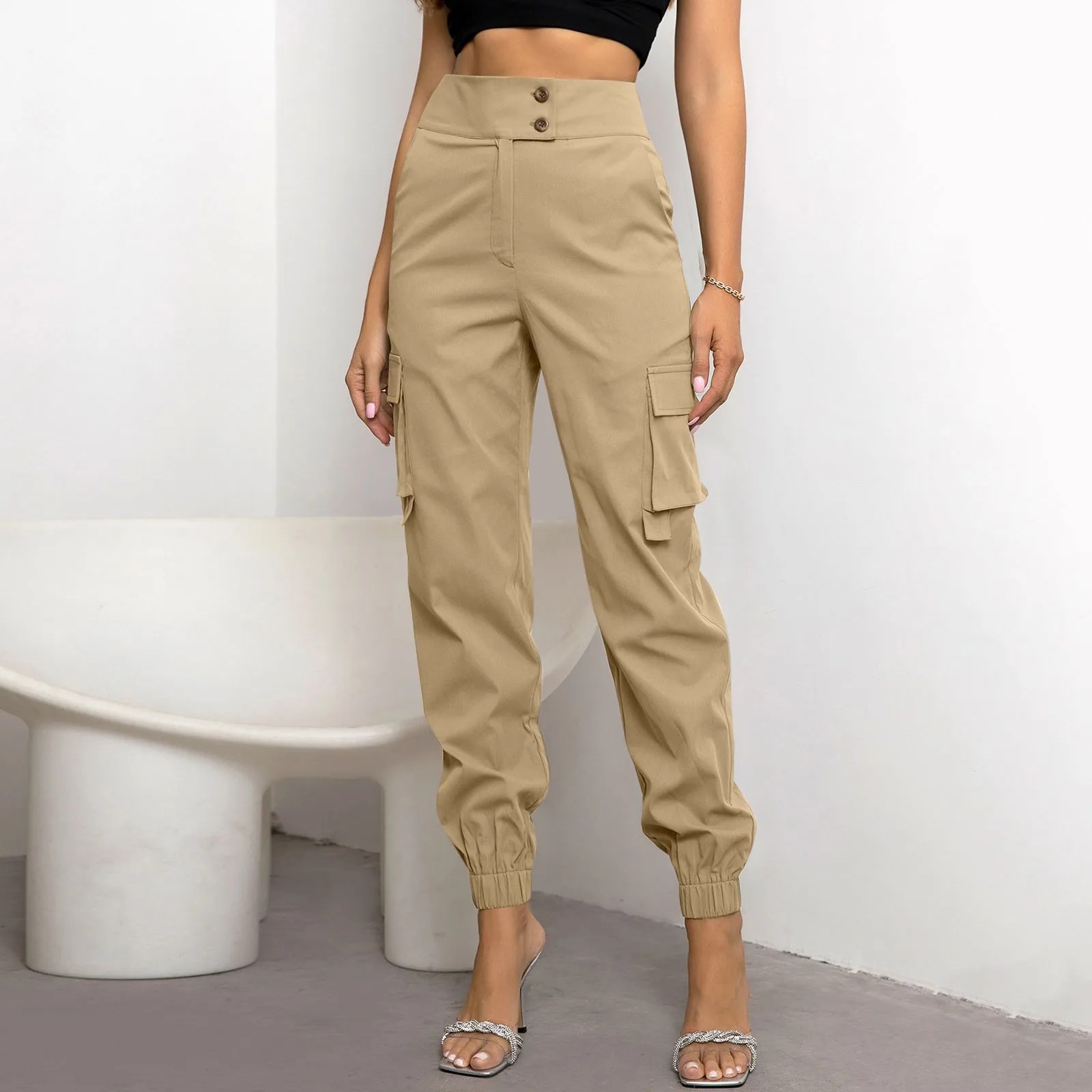 

Women'S Casual High Waisted Pencil Pants Pants Loose Fit Ankle-Length Pants Elastic Waist Slight Strech Female