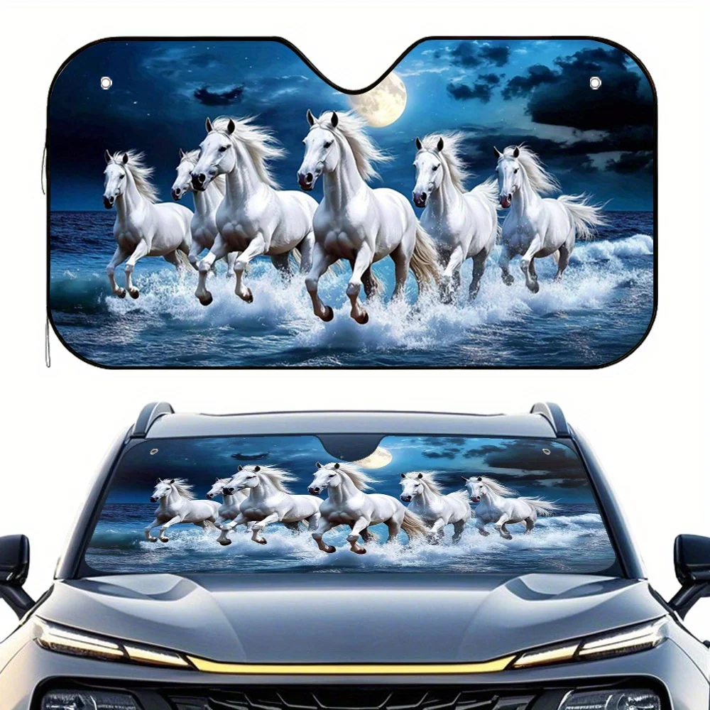 One Piece Of A Two-Dimensional Flat Print Featuring Running Horses Under A Moonlit Sky, Designed As A Car Sunshade. It Is Fashio