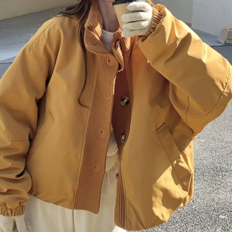 

Повседневная вязаная лоскутная куртка-пуховик с воротником-стойкой для женщин, зимнее короткое утепленное хлопковое пальто для миниатюрных размеров