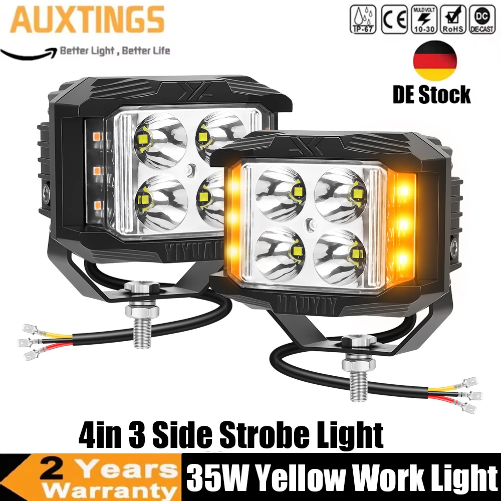 Faro da Lavoro LED a Cubo da 4 Pollici 35W, 2 Colori, con Funzione Strobo/Flash Giallo, per Auto Fuoristrada, Barche, UTV, ATV, SUV, 4WD, Trattori