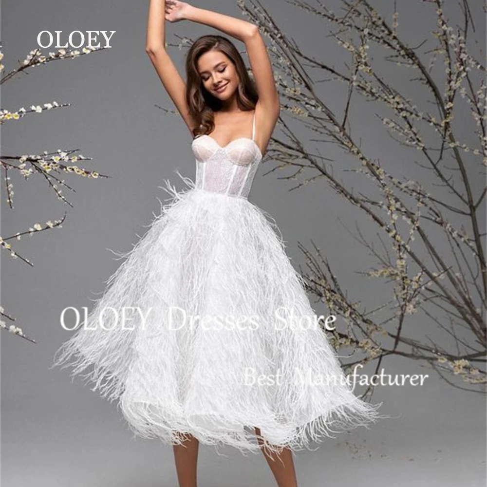 OLOEY Luxury Feathers Ivory A Line Wedding Dress Sweetheart Sleeveless Bridal Gown Spaghetti Straps Knee Length Custom Made