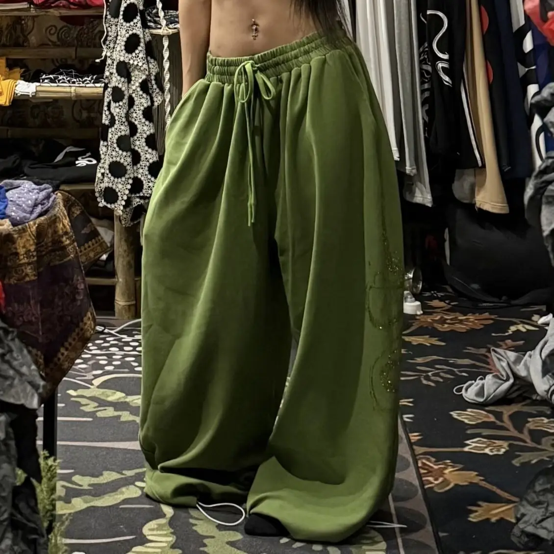 

American Style Rhinestone Lazy Style Wide Leg Pants For Women, With A Sense Of Draping And Casual Jazz Dance Pants