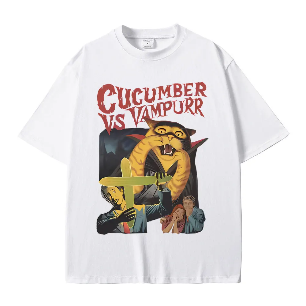 Funny Cucumebr Vs Vampurr Cat Tshirt Vintage The Return of Vampurr Cats Meme T-shirt Men Women Fashion Casual Oversized T Shirts image 2