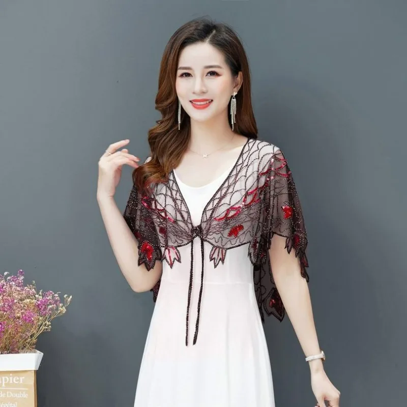 

Лето 2029, новая женская короткая сетчатая шаль с блестками для вечеринок, ниша, универсальная накидка, тонкая темпераментная шаль с перспективой