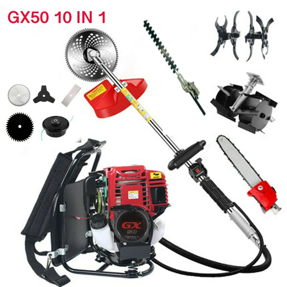 

GX50 Backpack 10 in 1 Hedge Trimmer Tool 4 Stroke Motor Petrol Strimmer Grass Cutter Tiller Cultivator