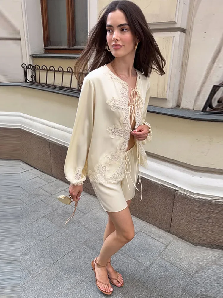 Casual Women's Satin 2 Piece Shorts Set V‑Neck Lace Hollow Lantern Sleeve Shirt Wide Leg Short Pant 2026 Summer Holiday Outfits view 5