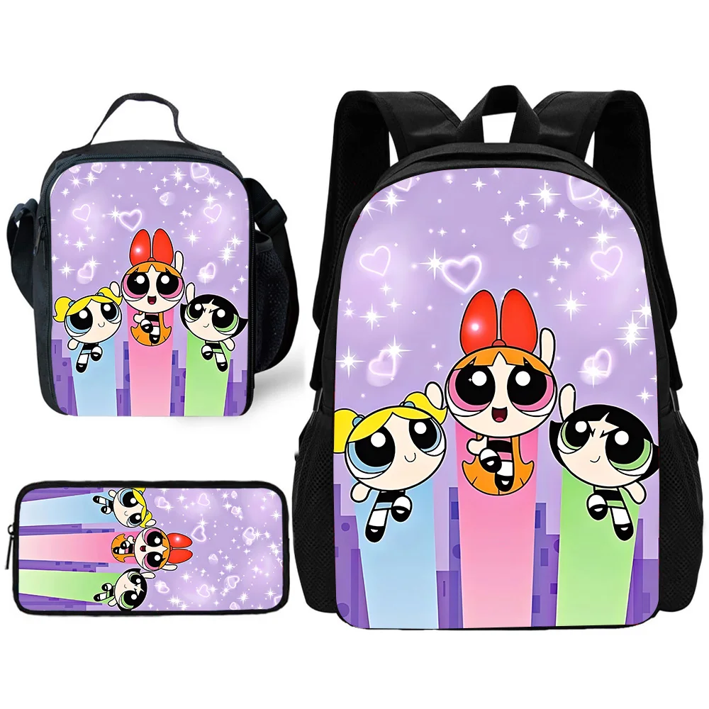 Cute P-PowerpuffS Girls 3 pcs set Child School Backpack with Lunch Bags ,Pencil Bags ,School Bags for Boys Girls Best Gift