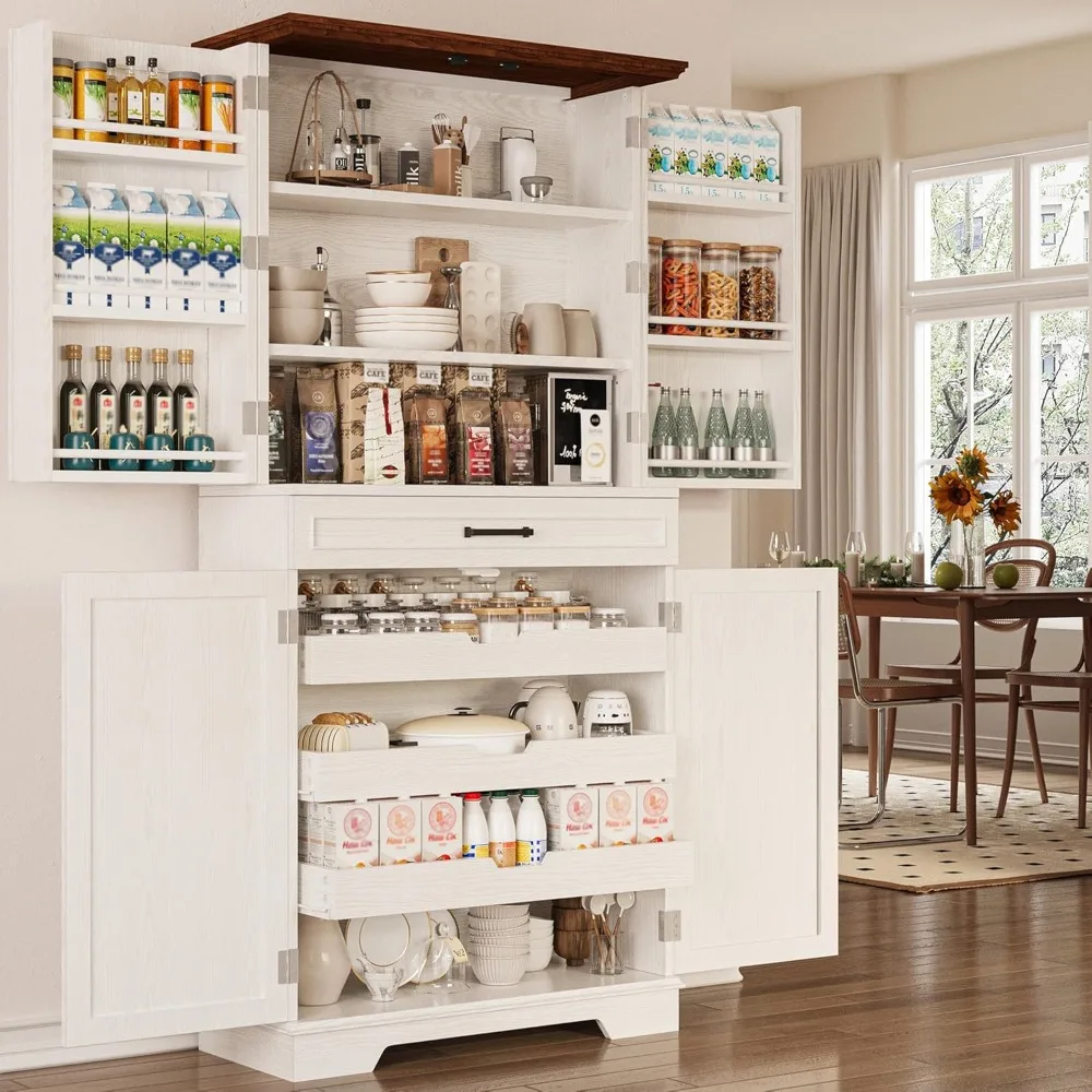 

72-Inch Tall Freestanding Farmhouse Style Kitchen Pantry Cabinet with Sliding Rack and 6 Hanging Shelves
