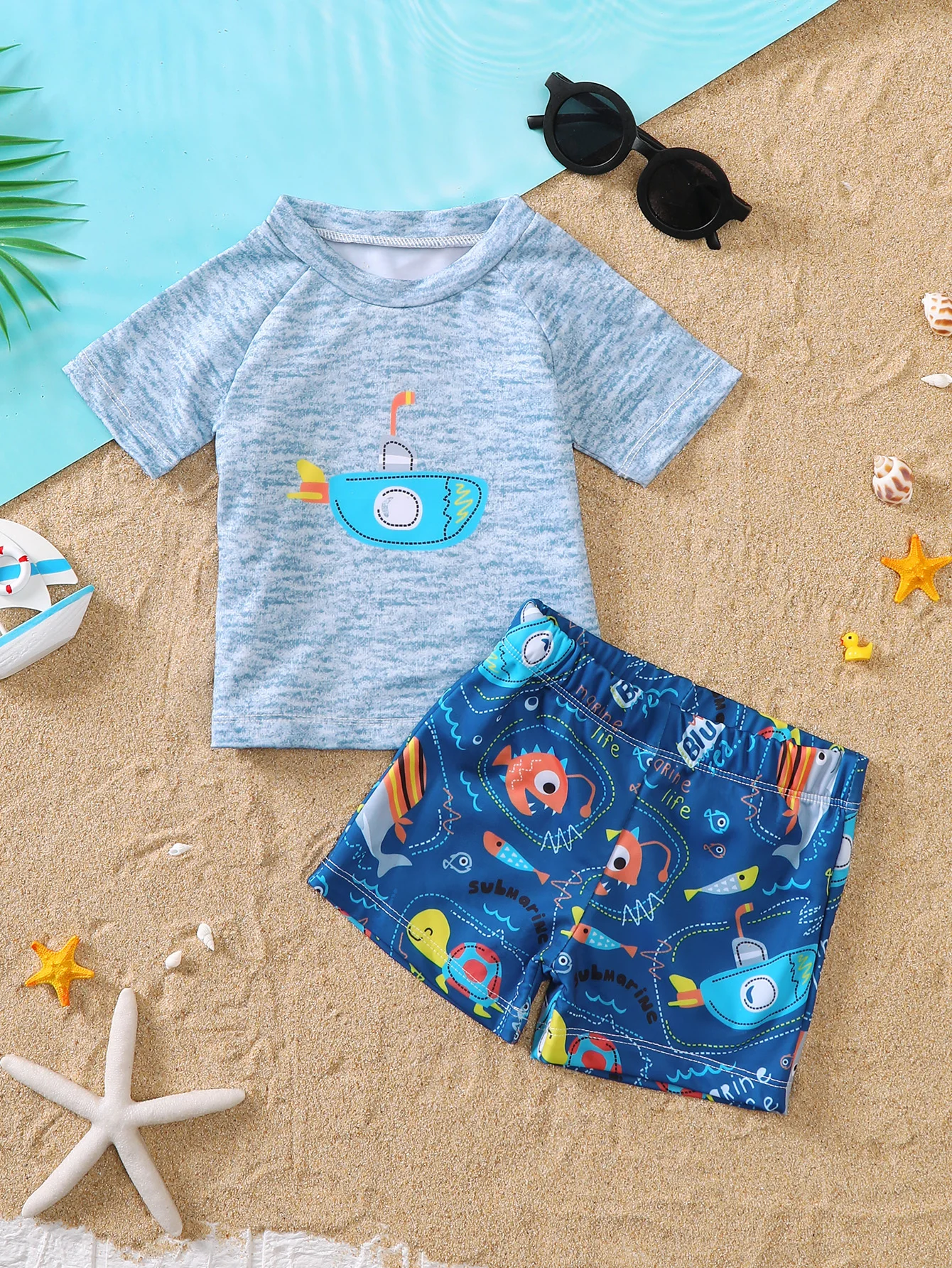 Baby Boy Summer Cartoon Ocean Creature Print Short Sleeve Swimming Suit Set Infant Swimwear with Fun Design