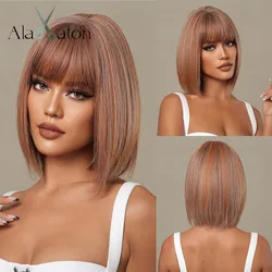 ALAN EATON Short Bob Wig with Bangs Copper Synthetic Wigs for Women Afro Brown Straight Hair Natural Cosplay Wig Heat Resistant