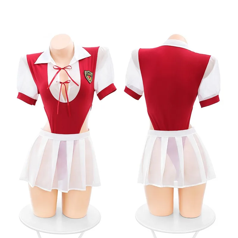

Anime Sweet Hollow Out Cosplay Sexy Girl Academy Style Uniform Red White Shirt Jumpsuit Pleated Skirt Lingerie Set Costumes