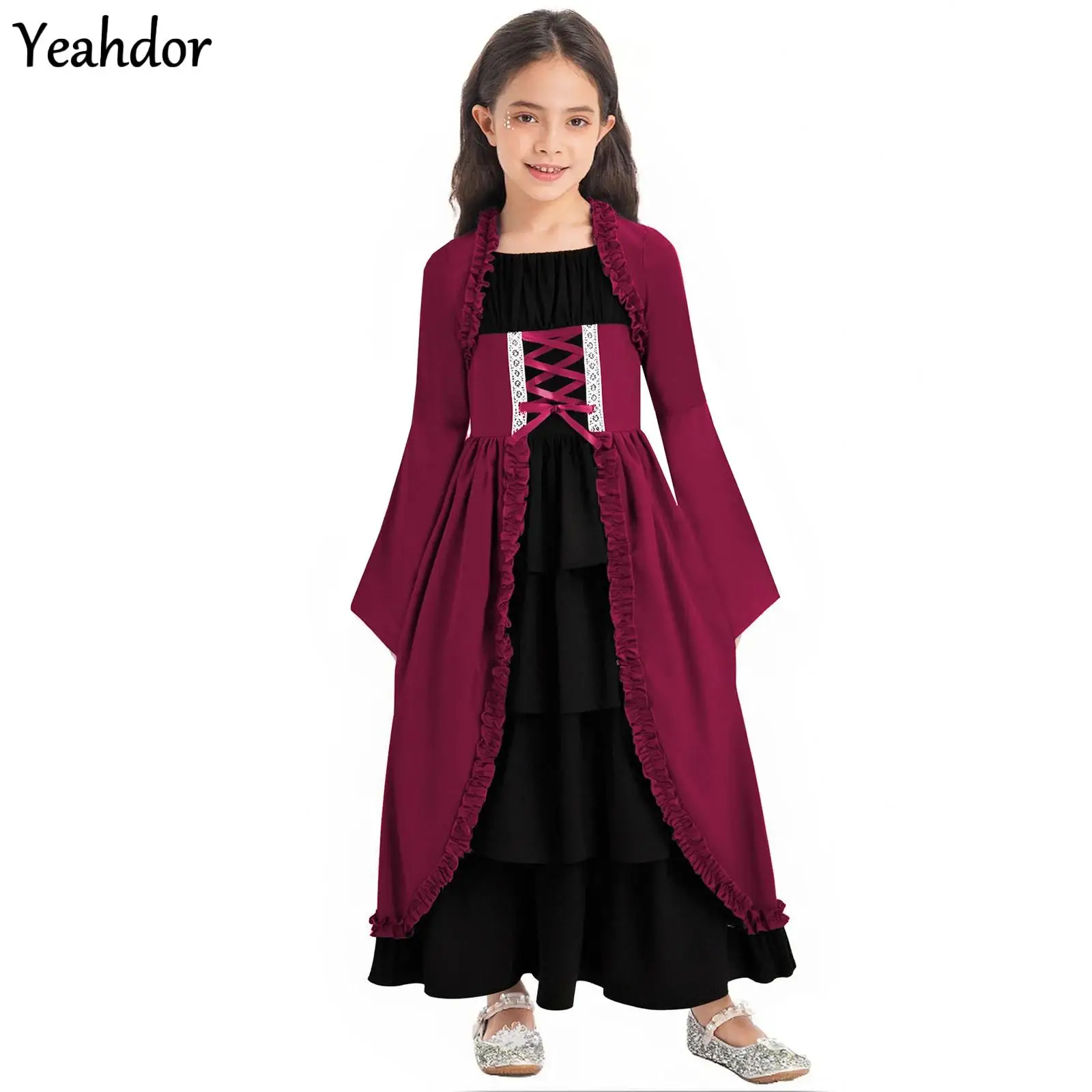 

Girls Medieval Renaissance Dress Flare Sleeve Victorian Royalty Princess Dress Xmas Halloween Cosplay Steampunk Gothic Robe Gown