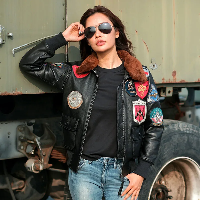 Dark Brown Winter Leather Jacket Women Military Style Plus Size 3XL Genuine Natural Thick Cowhide G1 Flight Leather Coat