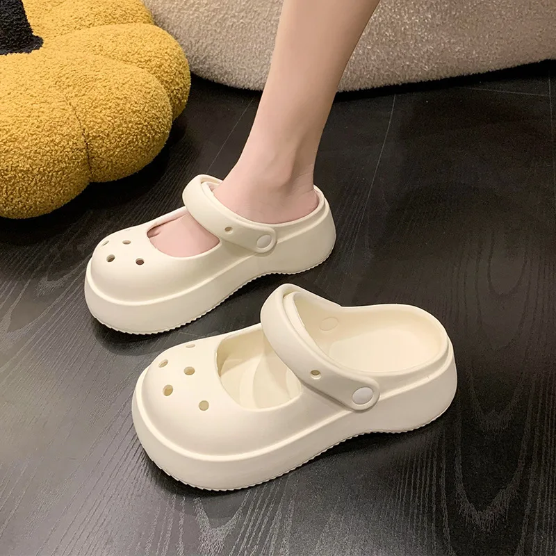 Chinelos Baotou de sola macia para mulheres, fundo grosso, sandálias antiderrapantes, sapatos de jardim, interior, exterior, verão, 2023