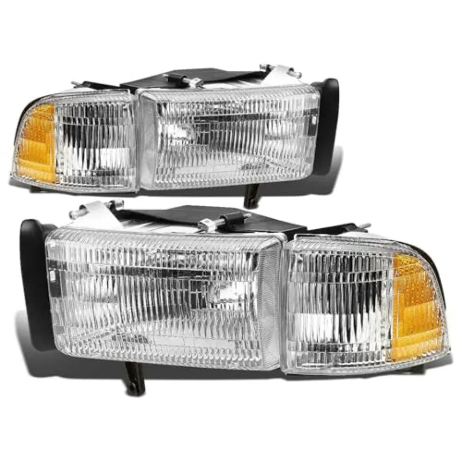 

Комплект из 4 фар в сборе с угловыми фонарями для Dodge Ram 1500 2500 3500 94-02 (модели без Sport), хромированный корпус, янтарный отражатель