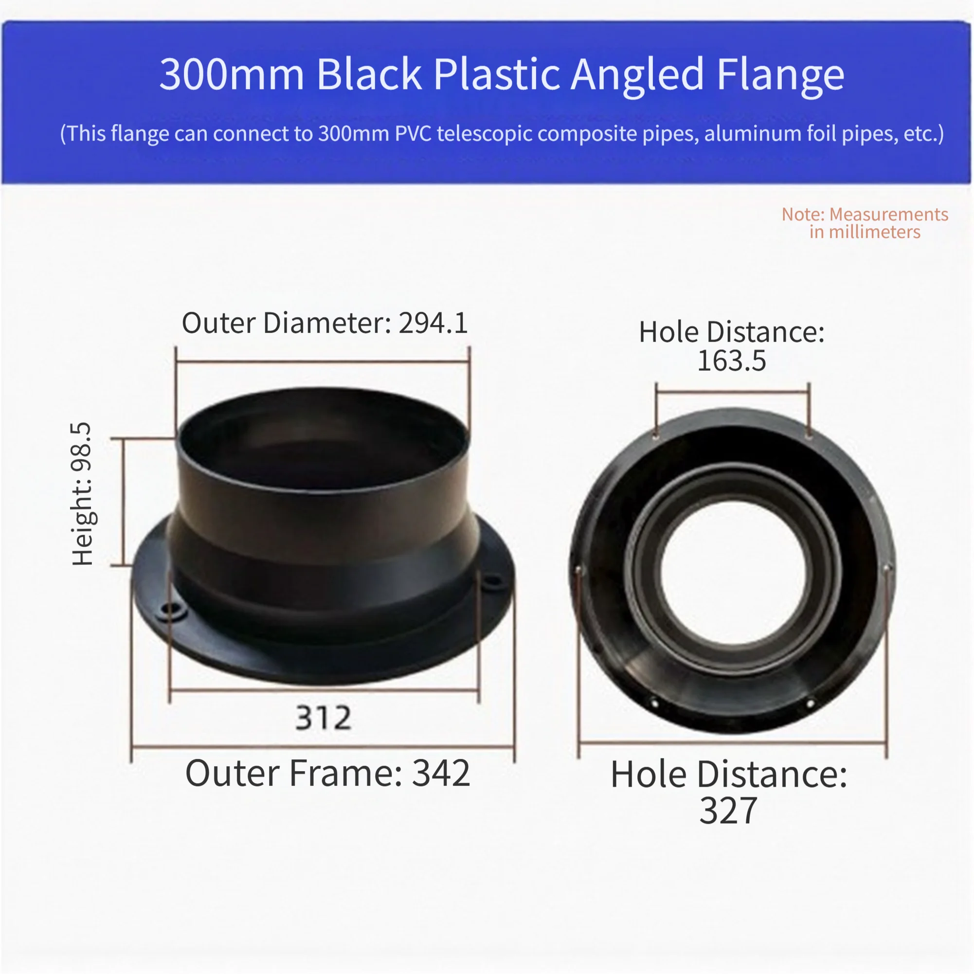 Square Bottom Straight Flange Connector Black Pipe Adapter For Round And Square Ducts HVAC For Fresh Air System Ventilation