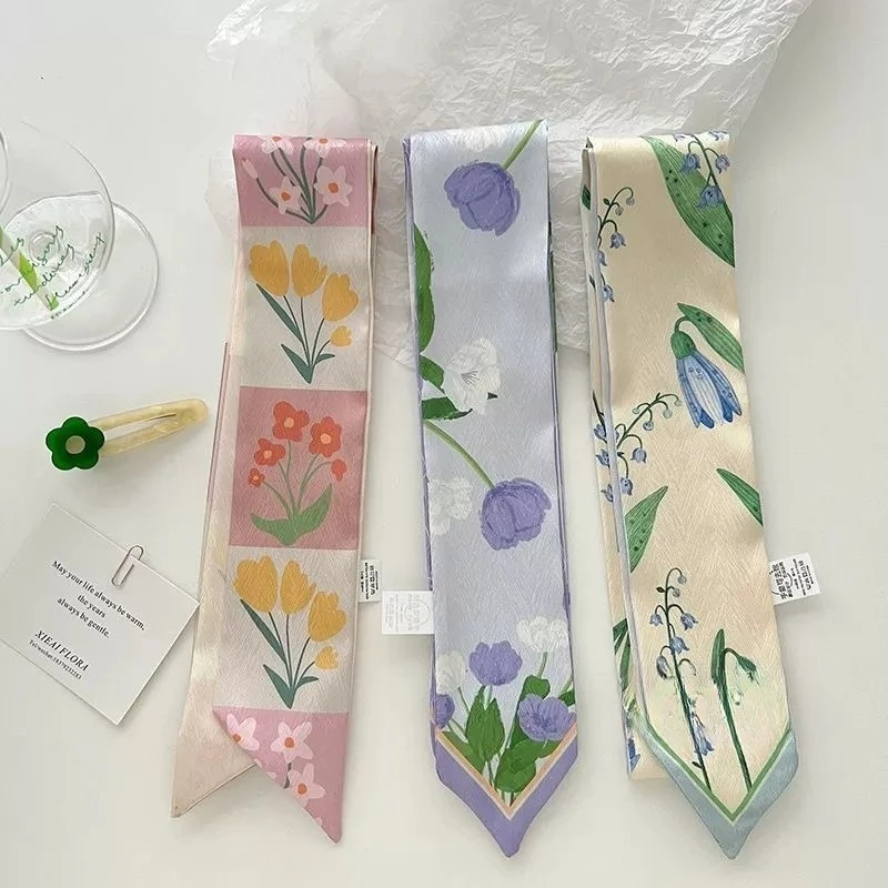

Delicate long scarf – versatile for tying hair, bags, or as a ribbon headband with floral print