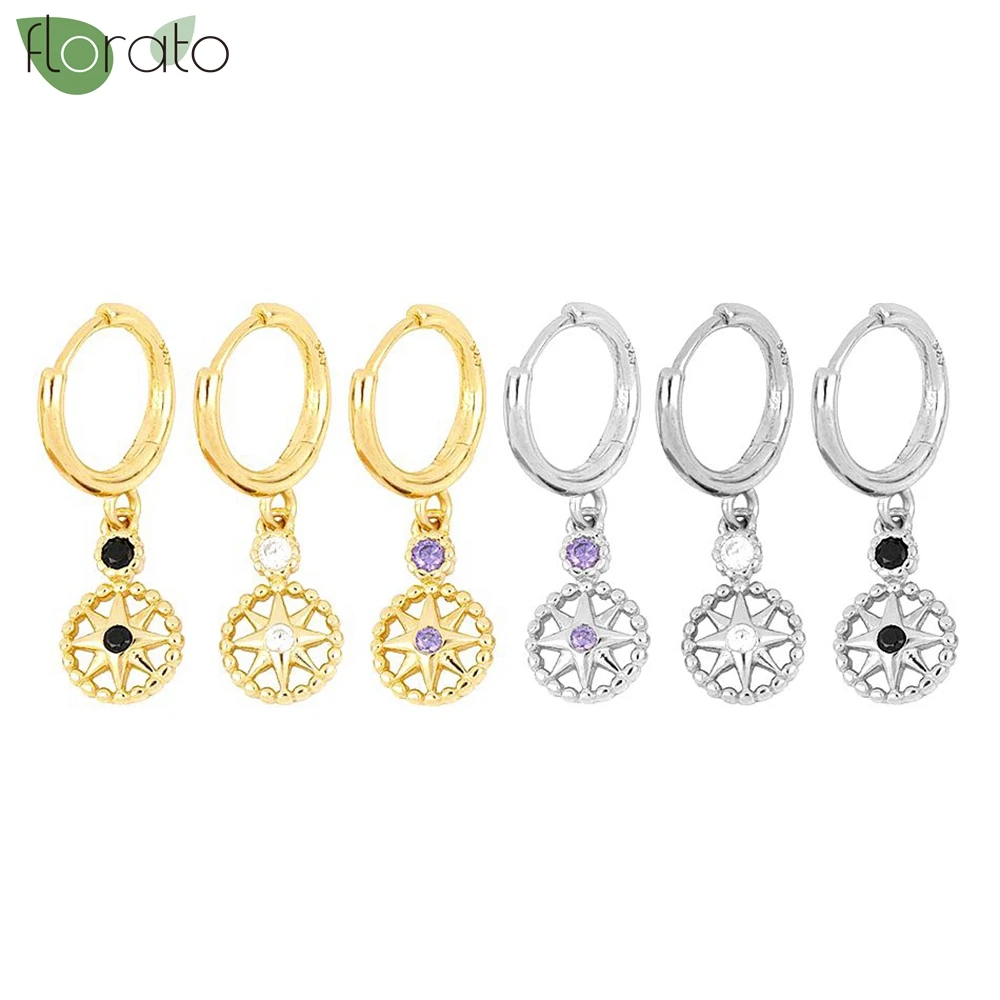 925 Sterling Silver Needle Fashion Eight Pointed Star Pendant Earring Gold Color Small Hoop Earrings for Women Party Jewelry