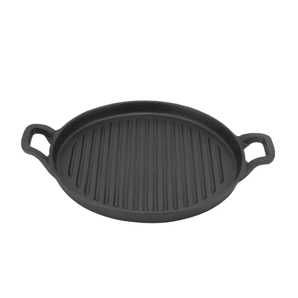 Durable Cast Iron Grill Pan Ribbed Surface Dual Side Handle Stovetop Griddle Round Flat Bottom Steak Frying Pan Barbecue Steak