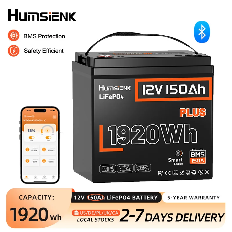 Humsienk 12V 150Ah Bluetooth LiFePO4 Battery, Built-in 150A BMS, Low-Temp Protection, 15000+ Deep Cycle, Capacity 1920Wh, Rechargeable Battery for Trolling Motor, RV, Marine, Golf Cart, Off-Grid Solar, Home Backup