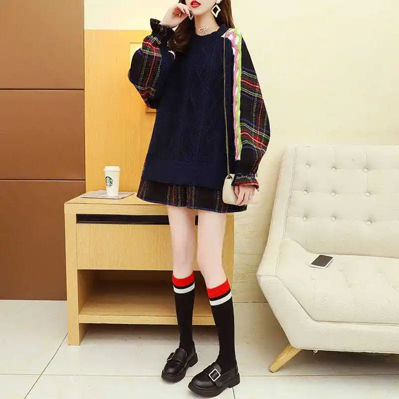 Fake Two Pieces Knitted Jumpers Vintage Plaid Spliced Autumn Winter New Casual Round Neck Women\'s Clothing Korean Loose Sweaters