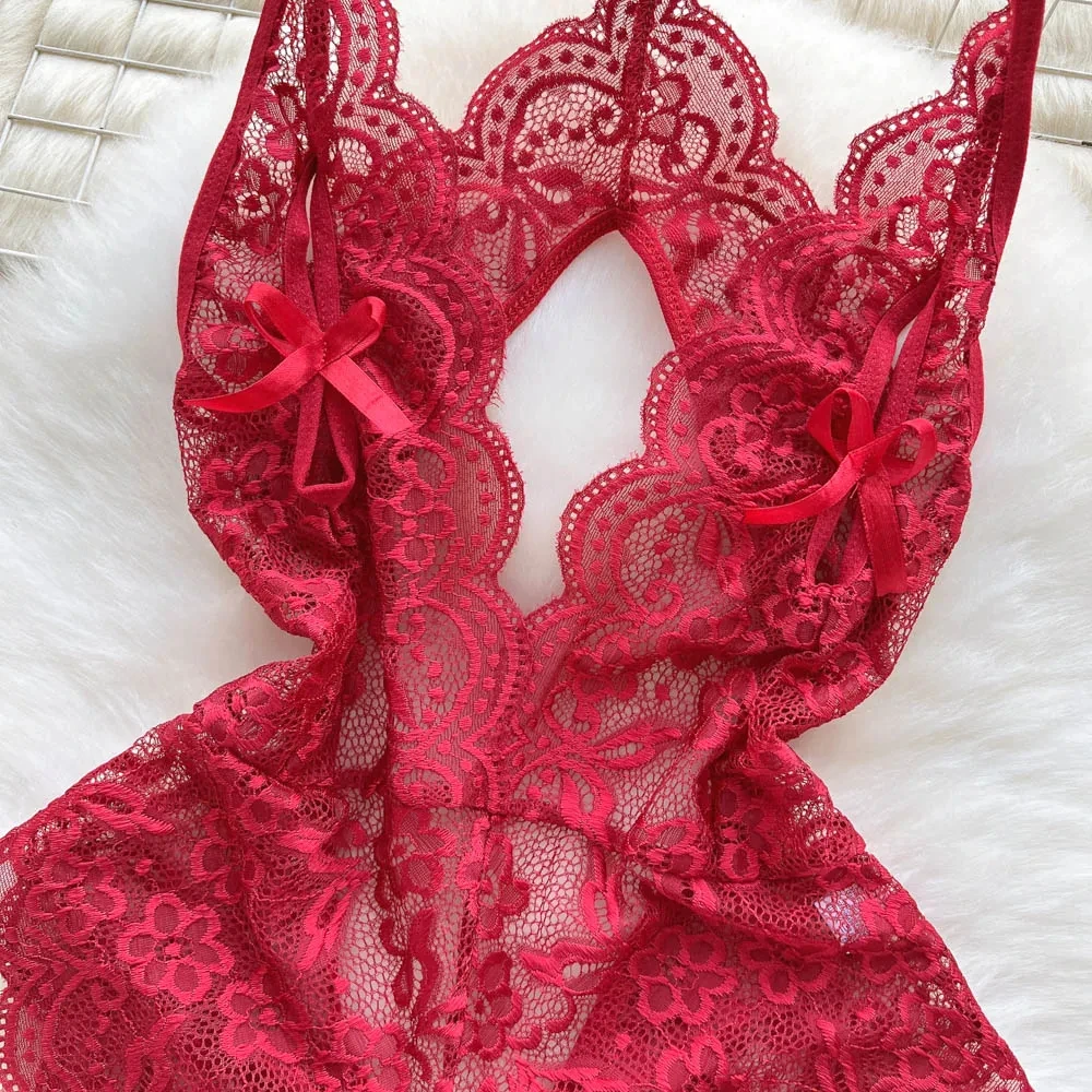 بدلة نسائية مجوفة بحزام مكشوف الظهر ، رقبة حرف V عميقة ، دانتيل شفاف ، بدلة ضيقة بفيونكة ، ملابس داخلية مثيرة ، بيجامات ، رومبر ملابس نوم