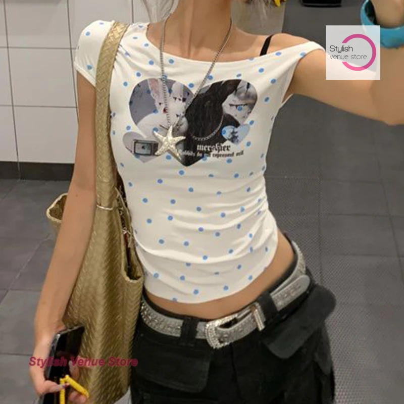 

American sweet spice girl cute rabbit print diagonal shoulder short sleeve T-shirt female summer chic temperament polka dot top.