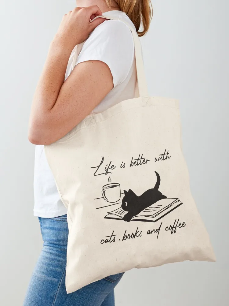 Life is better with cats books and coffee Tote Bag Handbags custom bags Women's beach bags hand bag Canvas Tote Bag