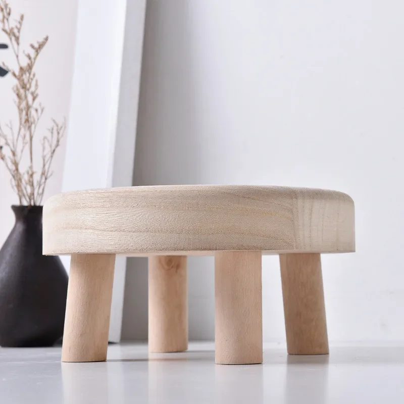 Wooden Short Children's Home Flower Pot Rack, Entrance Circular Shoe Changing Wooden Stool, Household Small Round Stool