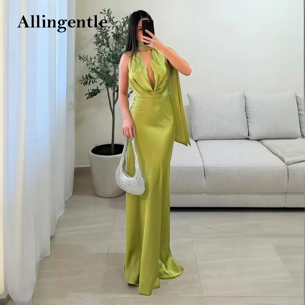 

Green Slik Satin Evening Dress Halter Neck Sleeveless Backless Mermaid Pleat Prom Dress Elegant Wedding Party Dress Customized