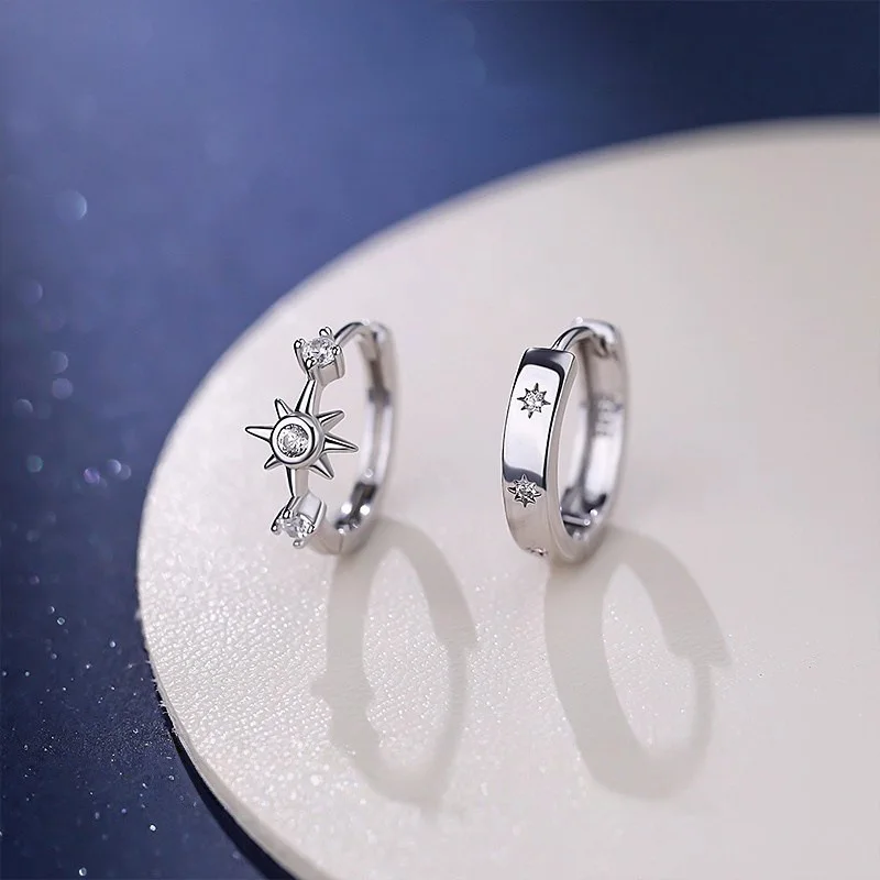 

925 Sterling Silver Zircon Star Asymmetry Hoop Earrings For Women Party Classic Fine Jewelry Small Niche Minimalist Accessories
