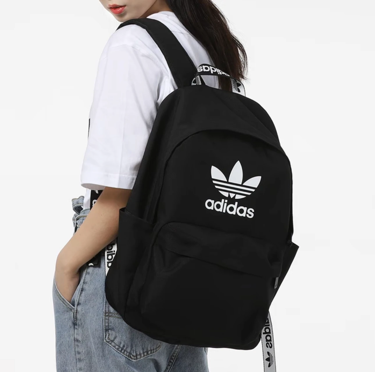 

Adidas Originals Clover Big Logo Casual Sports Polyester Fiber Backpack Backpack Backpack Regular Unisex Couple Style Black