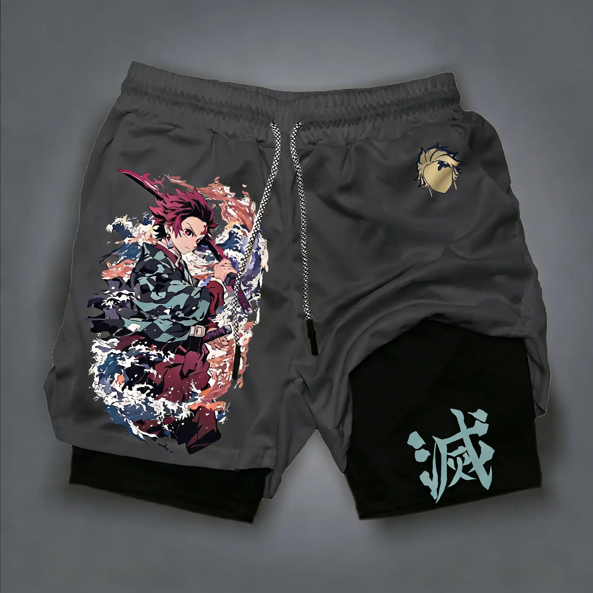 Demon Slayer Unisex Summer Shorts New Tanjiro Anime Print Swimming Fitness Quick Drying Breathable 2-in-1 Sports Shorts