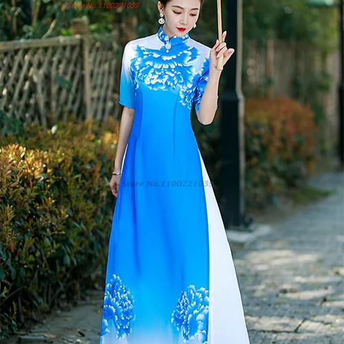 중국 개량 qipao 원피스 국가 꽃 프린트 베트남 전통 원피스 우아한 aodai 원피스 연회 이브닝 원피스, 2024  Best5