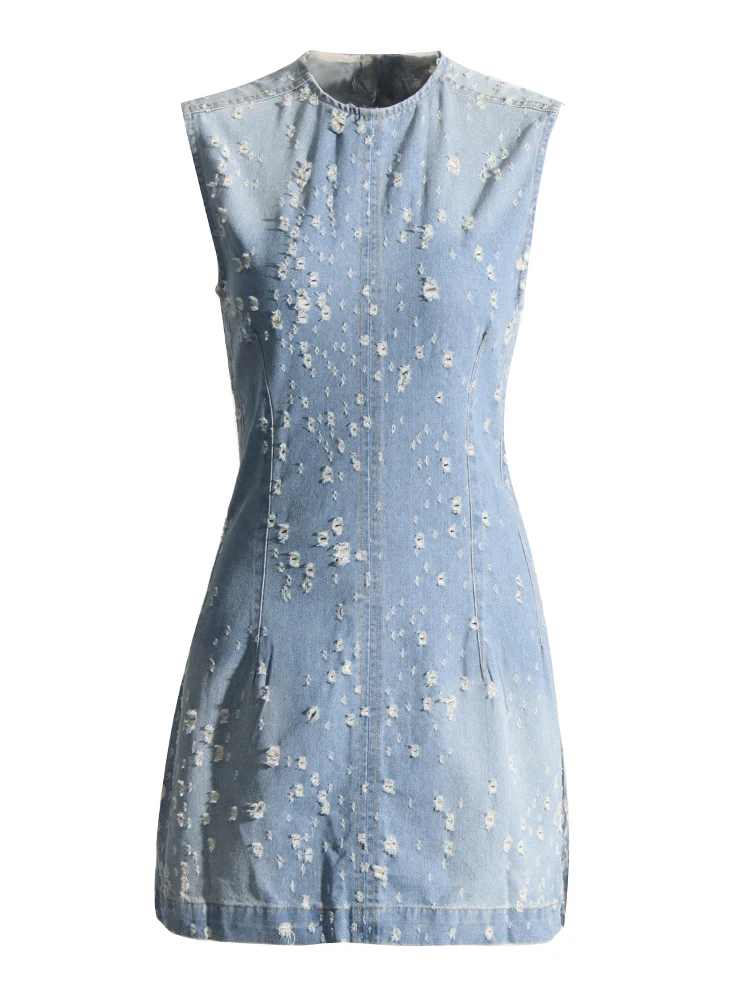 ชุดเดรสยีนส์เข้ารูปกลวงเซ็กซี่สำหรับเสื้อผู้หญิงคอกลมเดรสเอวสูงมีซิปคอวี