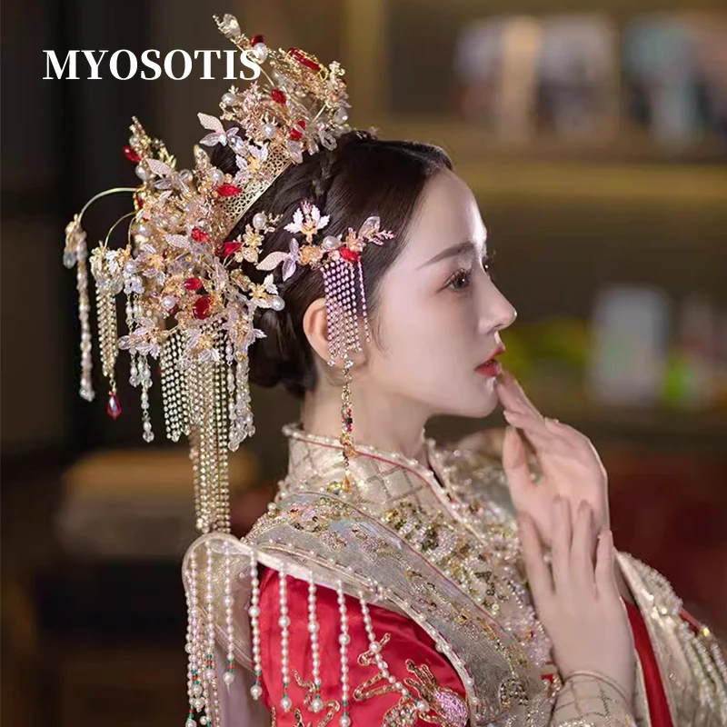 Rich Retro Chinese Vintage Bridal Headdress Hair Crown Wedding Stage Show Accessories Costume Xiuhe Dragon and Phoenix Jewelry