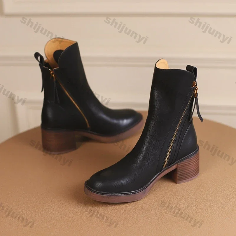 Women\'s Platform Chelsea Boots New Round Toe Chunky Heel Women Brown Ankle Boots Outdoor High Heel Leather Boots Zapatos Mujer