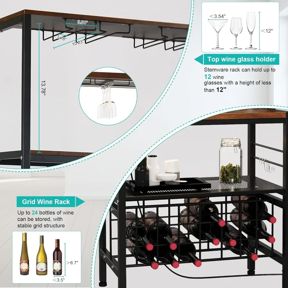 Industrielles Weinbäckerregal mit Steckdose und LED-Streifen, multifunktionaler Weinregal-Tisch, Barschrank mit Stauraum