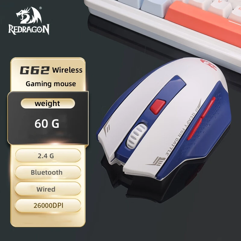 Redragon G62 Wireless Gaming Mouse 2.4G Bluetooth Wired 26,000 DPI Optical Sensor 6 Programmable Buttons Precise Registration