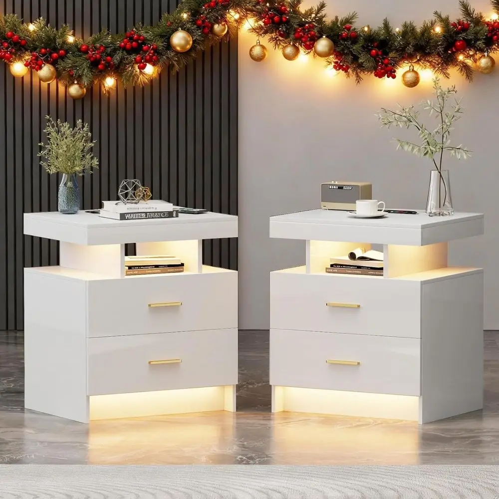 2 Set Nightstand with Charging Station, High Gloss Bedside Table, 2 Drawers, 24 Color Dimmable Smart Night Stand, USB Type-C Por