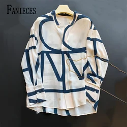 FANIECES 3XL High Quality Geometric Print Shirt Women's Spring Summer Long Sleeve Loose Office Luxury Top Silk Satin Blouse 6195